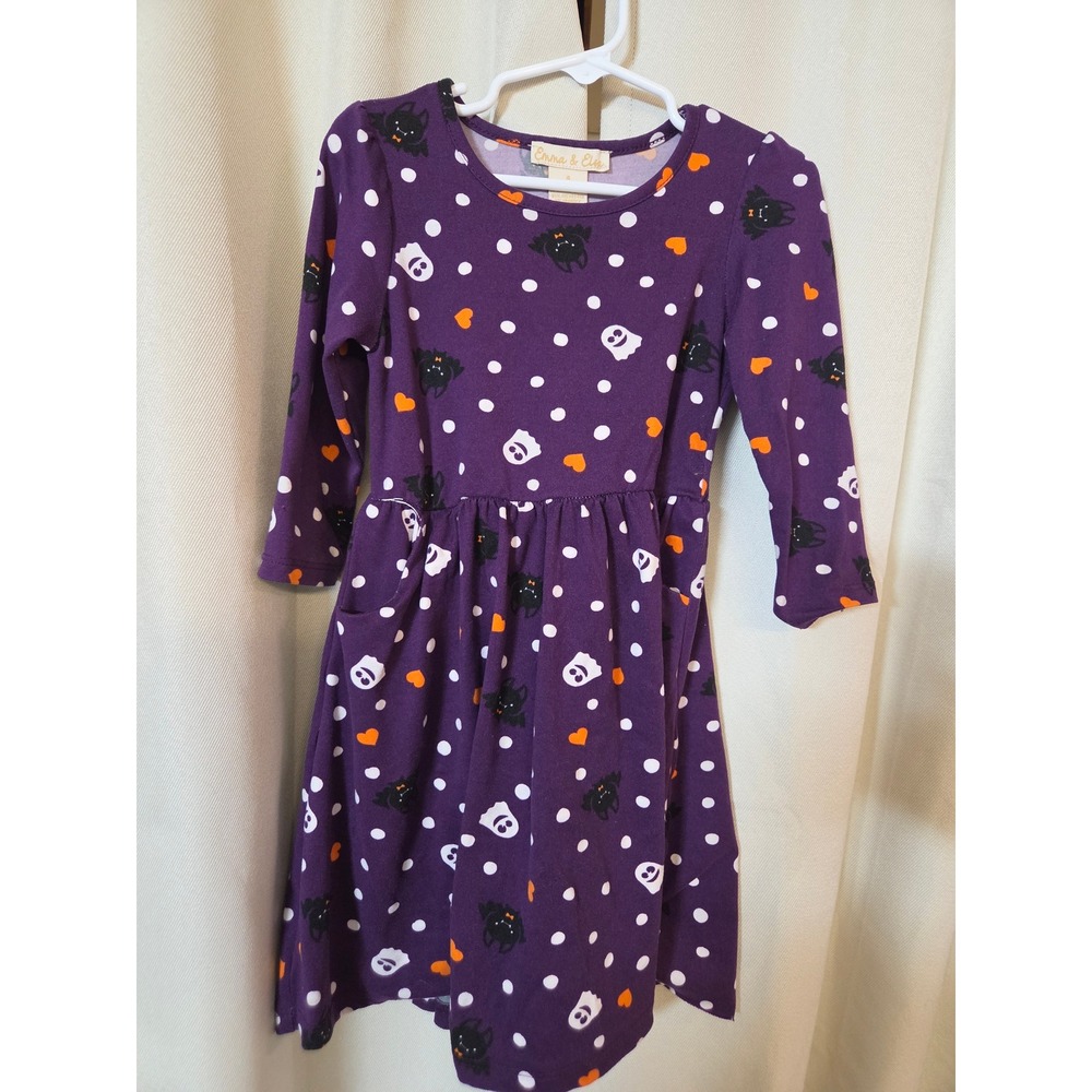 Emma & Elsa Girls Purple Halloween Ghost Bat Polka Dot Pocket Dress Size 4